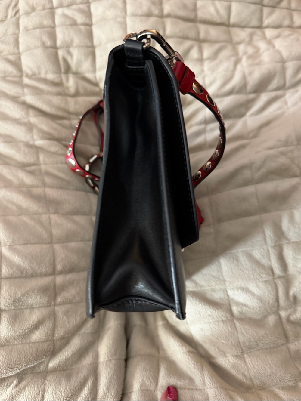Prada Black Leather Crossbody w/Red Leather Silver-Tone Studded Strap & Accents! - Picture 11 of 15